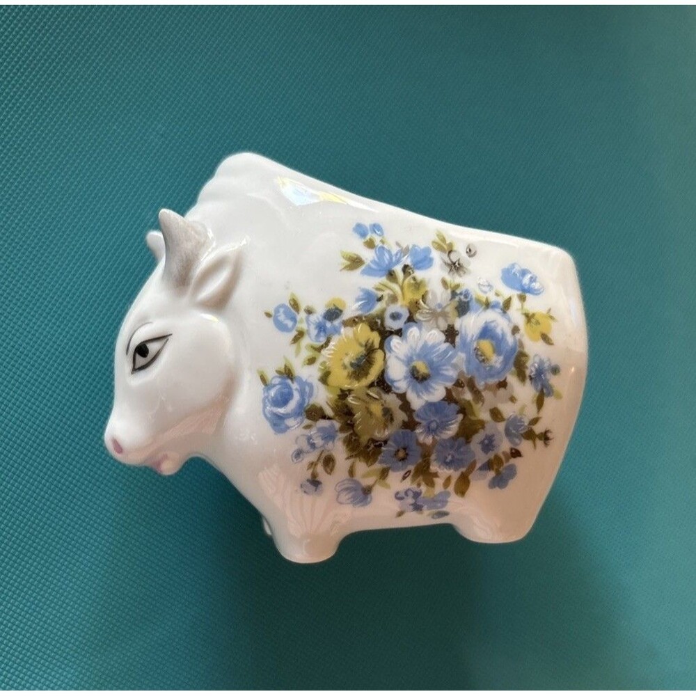 MCM White Porcelain Bull w/ Flowers Toothpick Holder/Planter/Vase